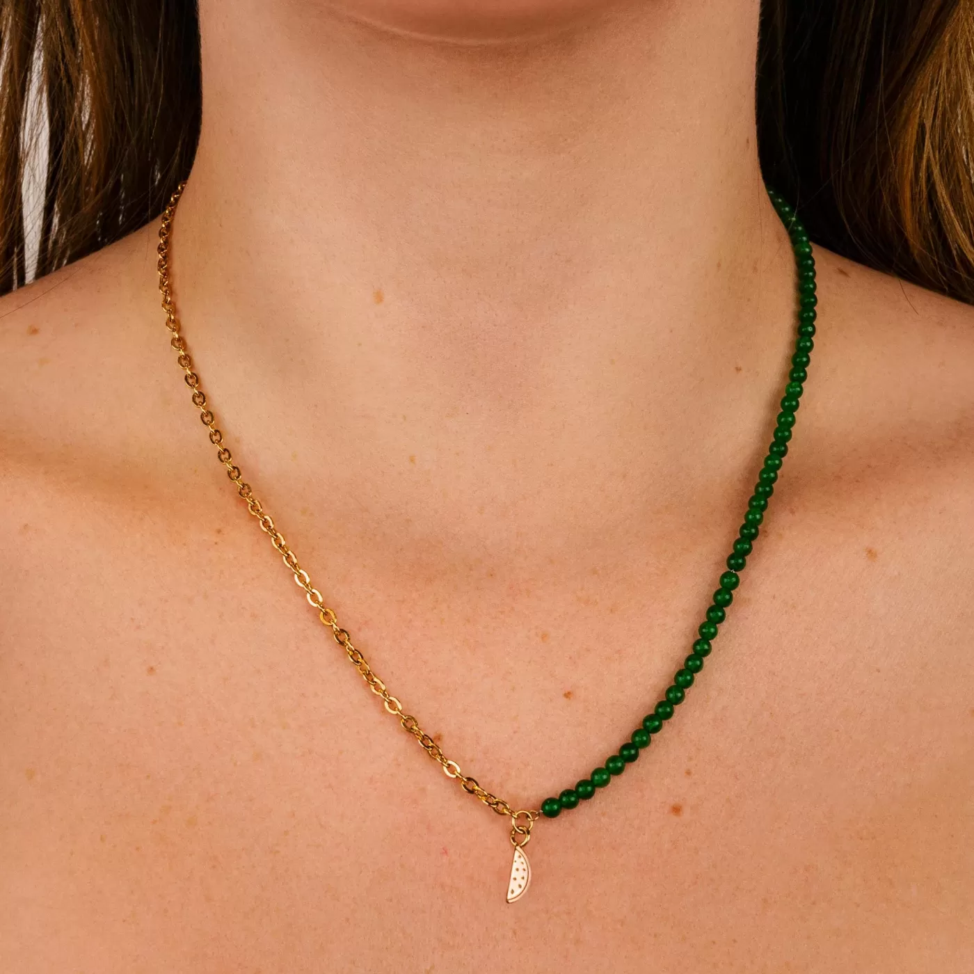 Essentielle Green Beads Watermelon Charm Necklace, Gold Colour>CLUSE New