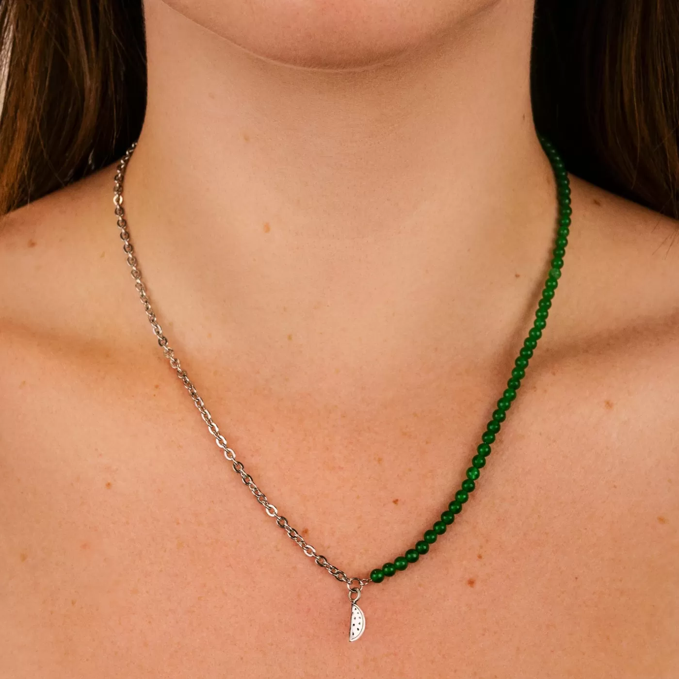 Essentielle Green Beads Watermelon Charm Necklace, Silver Colour>CLUSE Clearance