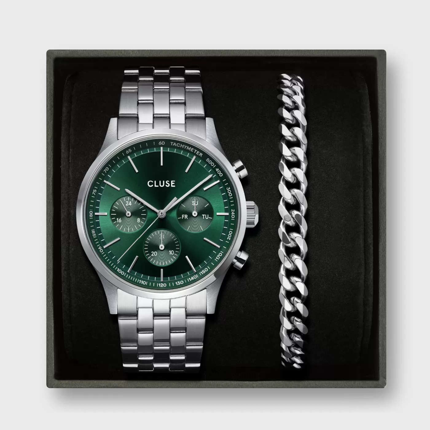 Gift Box Anthéor Multifunction Steel Watch Green & Cuban Chain Bracelet>CLUSE Store