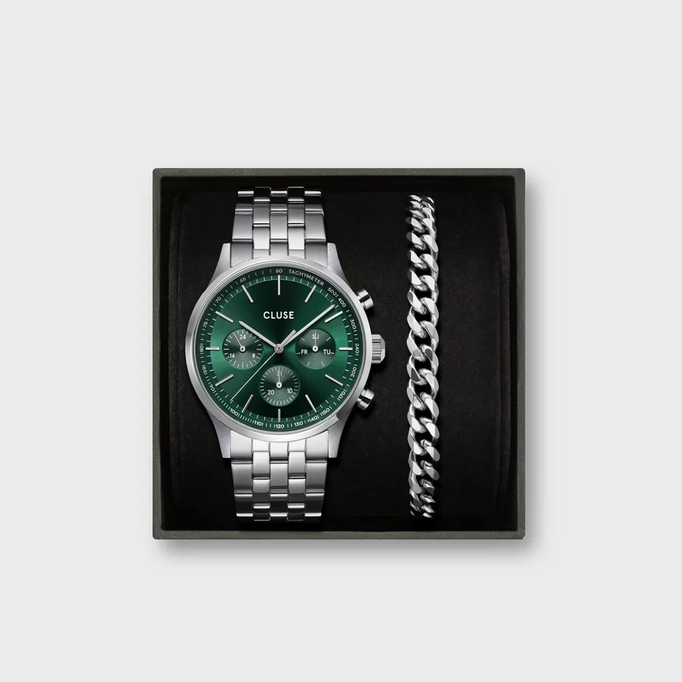 Gift Box Anthéor Multifunction Steel Watch Green & Cuban Chain Bracelet>CLUSE Store