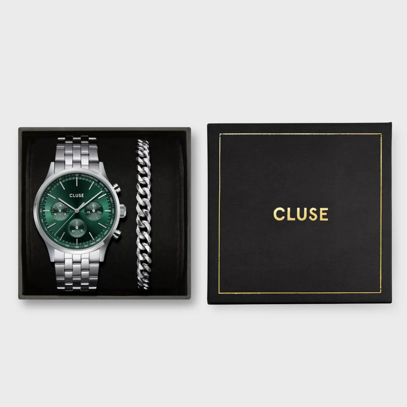 Gift Box Anthéor Multifunction Steel Watch Green & Cuban Chain Bracelet>CLUSE Store
