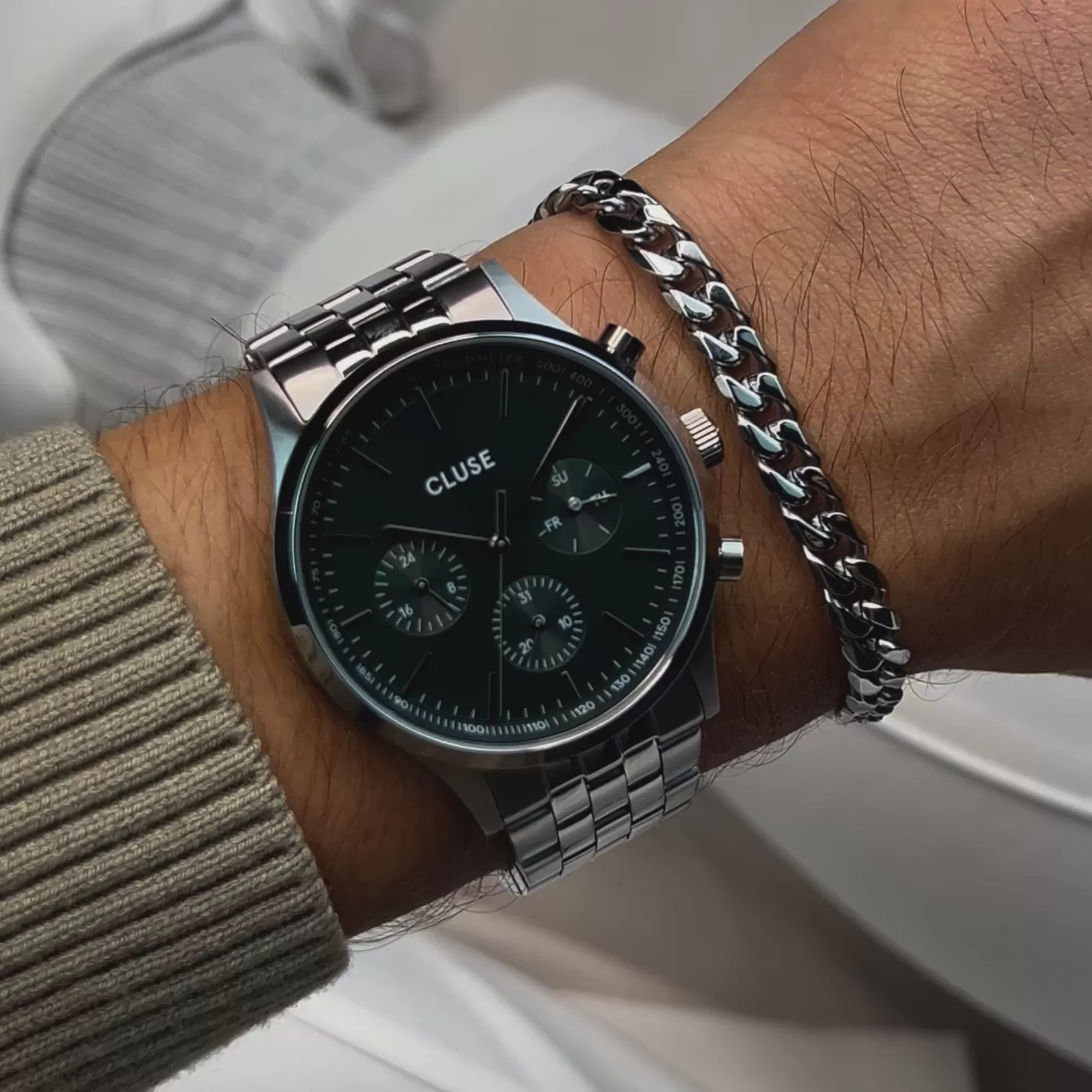 Gift Box Anthéor Multifunction Steel Watch Green & Cuban Chain Bracelet>CLUSE Store