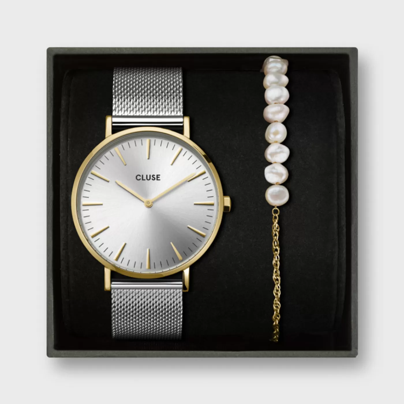 Gift Box Boho Chic Watch Mesh Bicolour and Mixed Chain Pearl Bracelet Gold Colour>CLUSE Hot