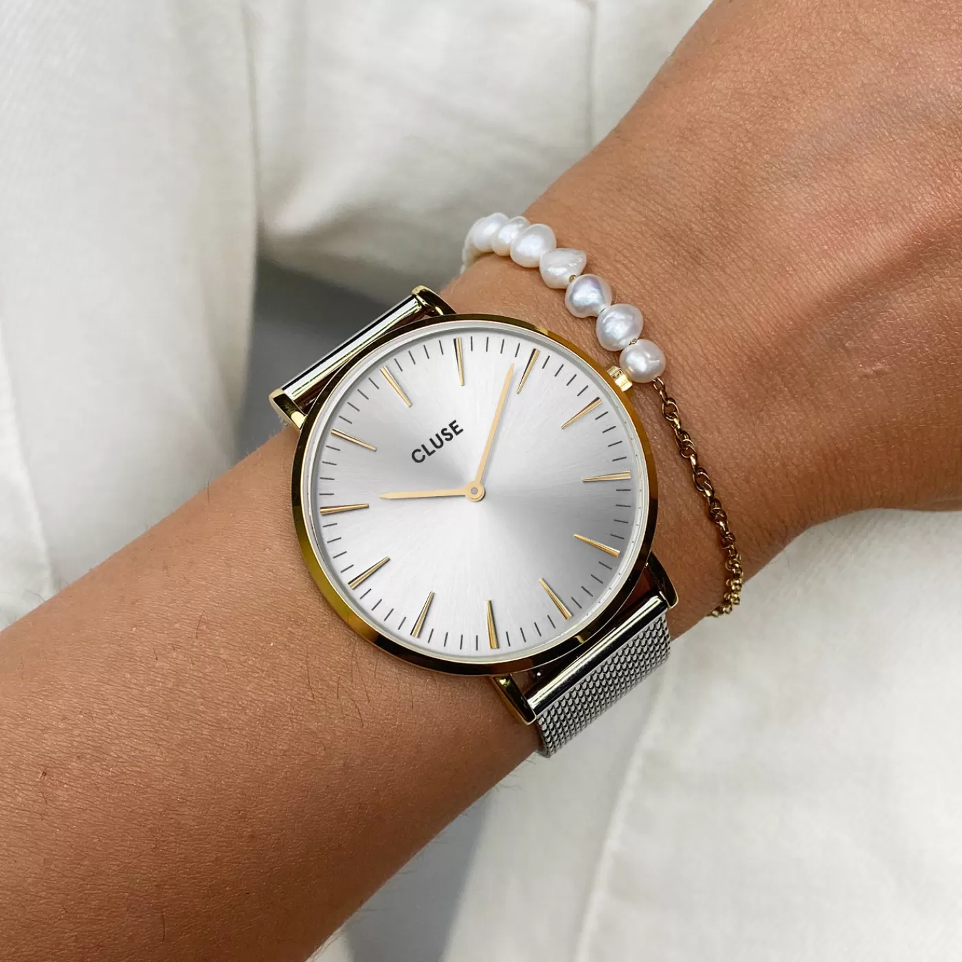 Gift Box Boho Chic Watch Mesh Bicolour and Mixed Chain Pearl Bracelet Gold Colour>CLUSE Hot