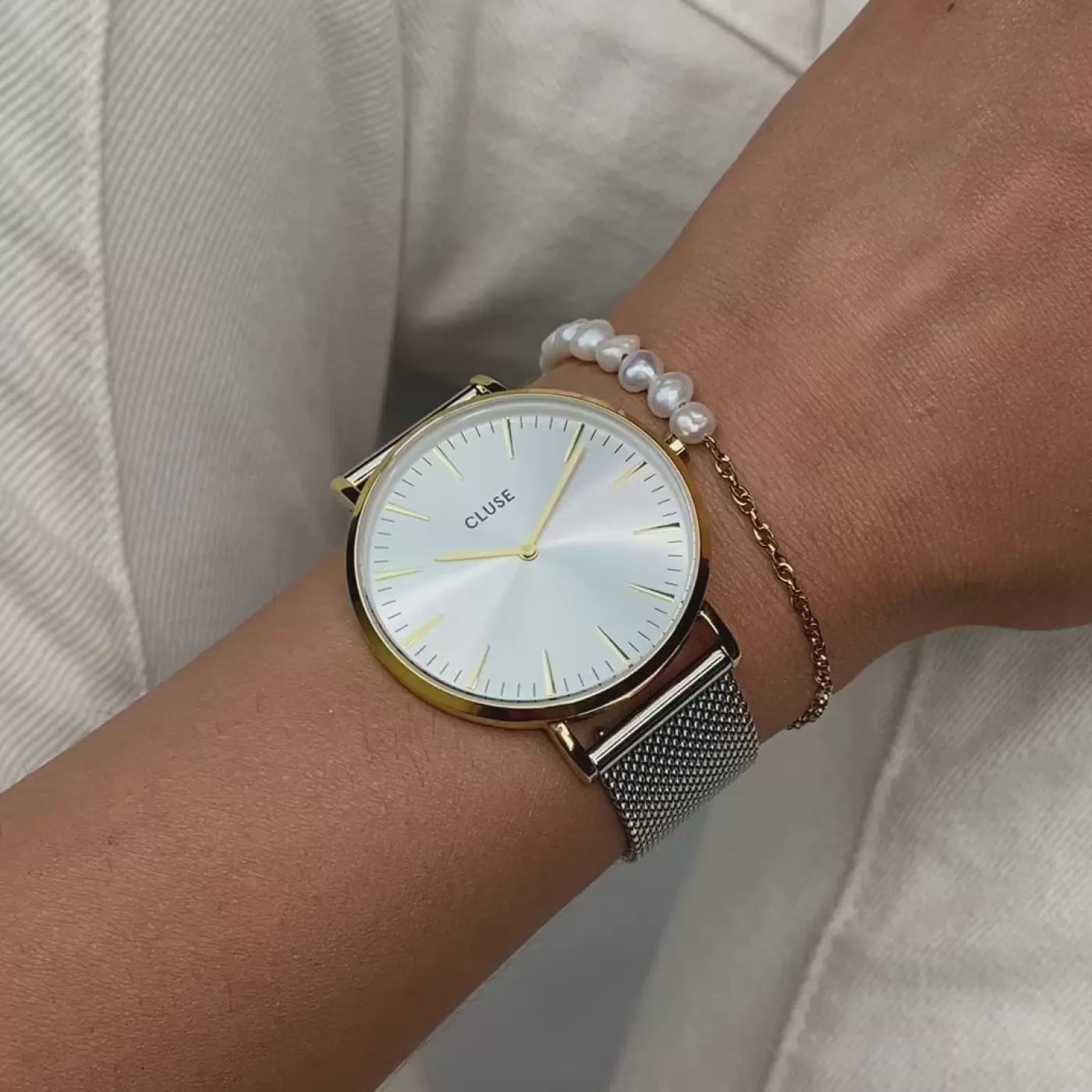 Gift Box Boho Chic Watch Mesh Bicolour and Mixed Chain Pearl Bracelet Gold Colour>CLUSE Hot