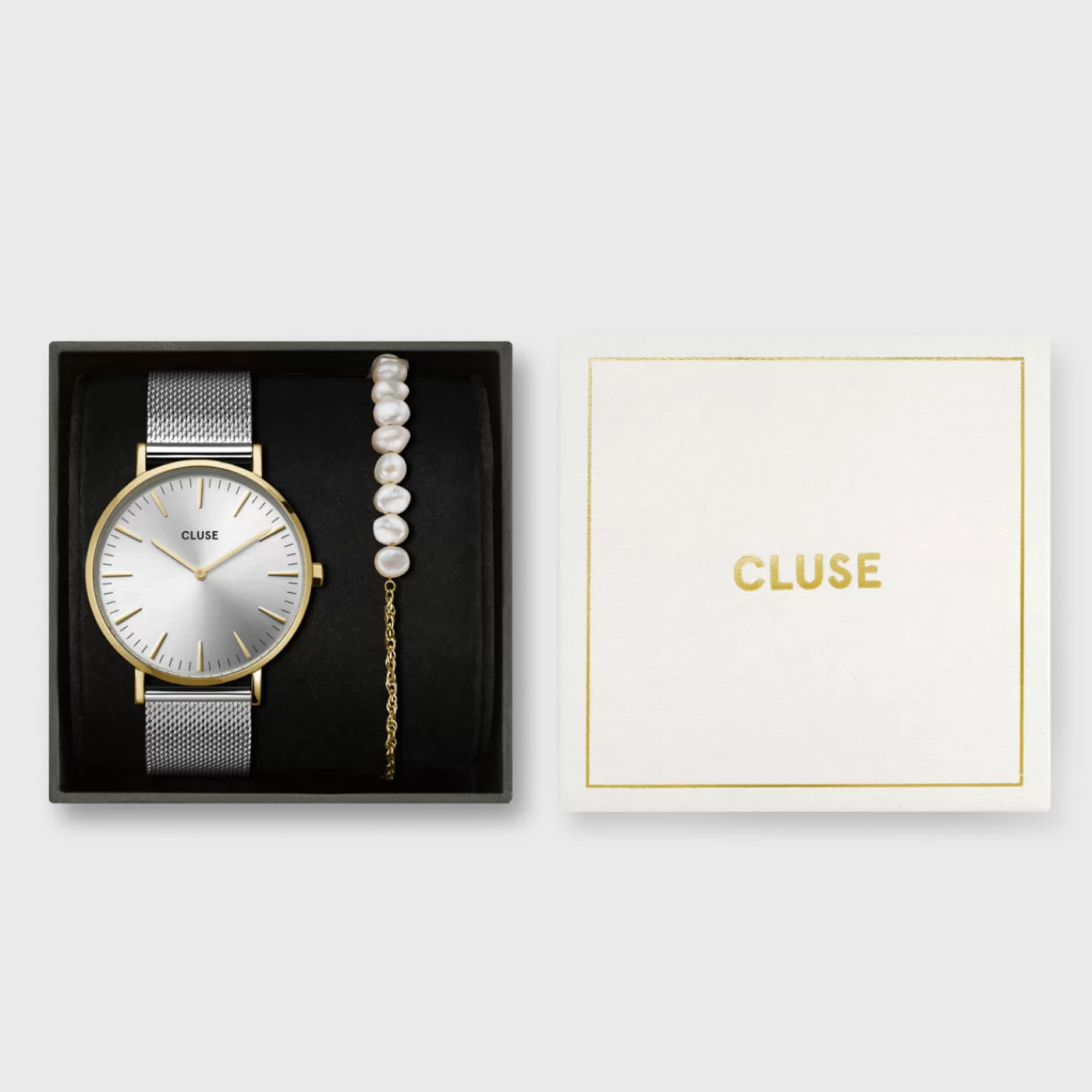 Gift Box Boho Chic Watch Mesh Bicolour and Mixed Chain Pearl Bracelet Gold Colour>CLUSE Hot