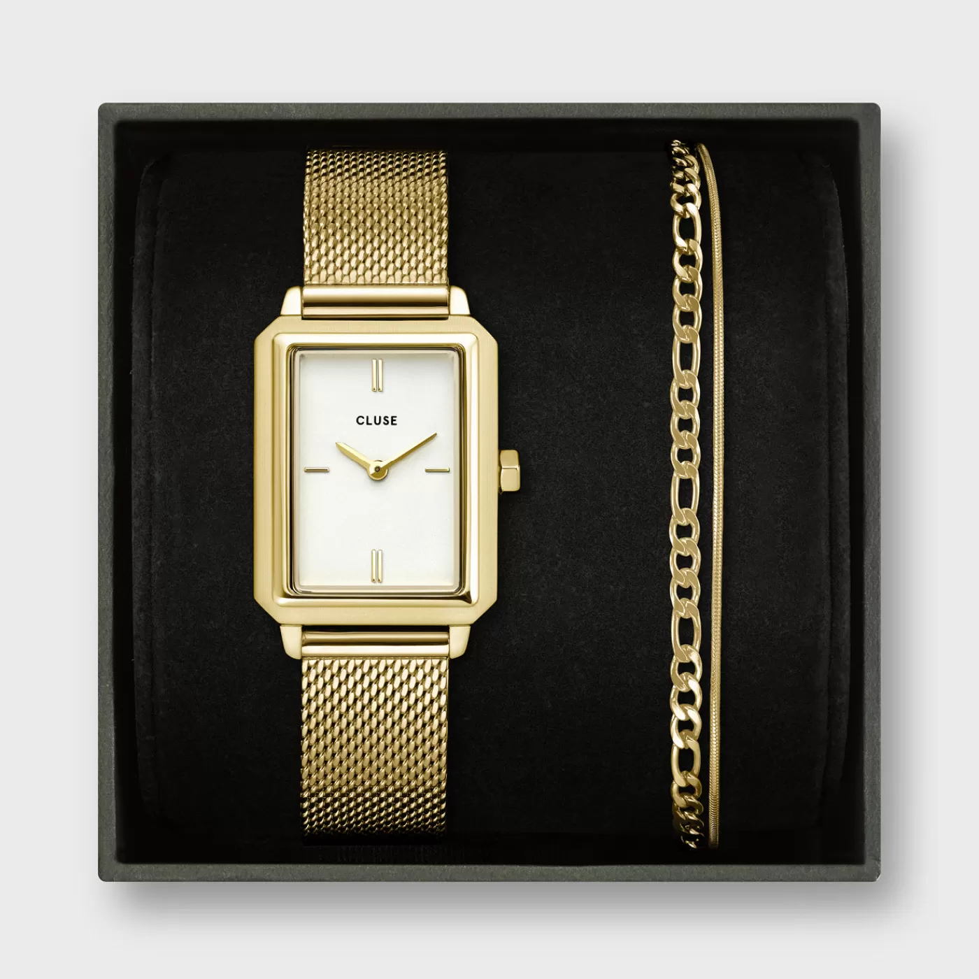 Gift Box Fluette Mesh White Watch and Double Chain Bracelet, Gold Colour>CLUSE Discount