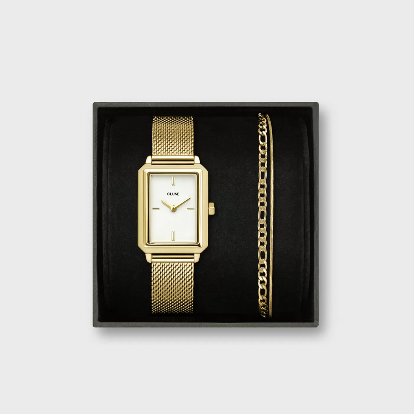 Gift Box Fluette Mesh White Watch and Double Chain Bracelet, Gold Colour>CLUSE Discount