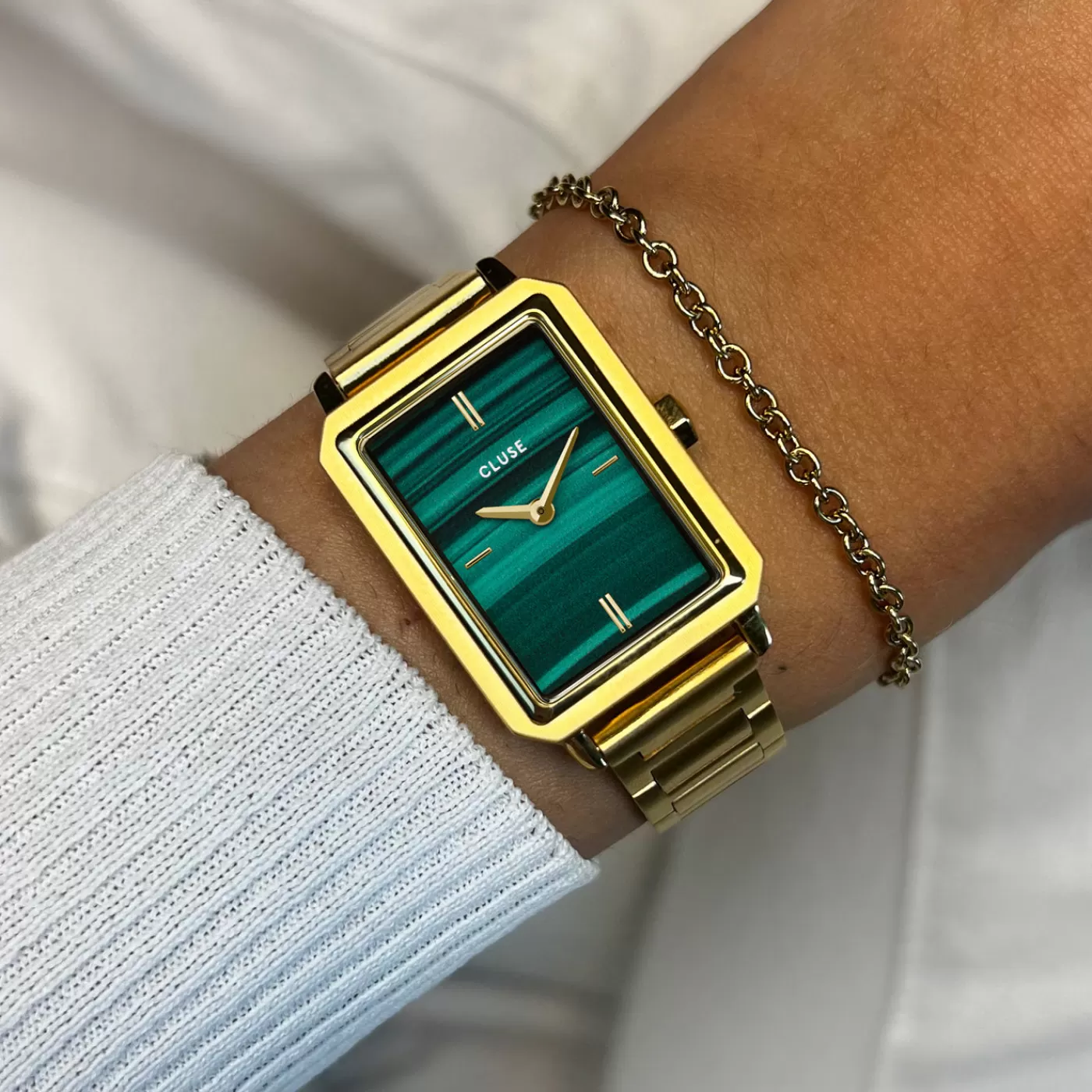 Gift Box Fluette Steel Green Watch and Round Chain Bracelet, Gold Colour>CLUSE Fashion