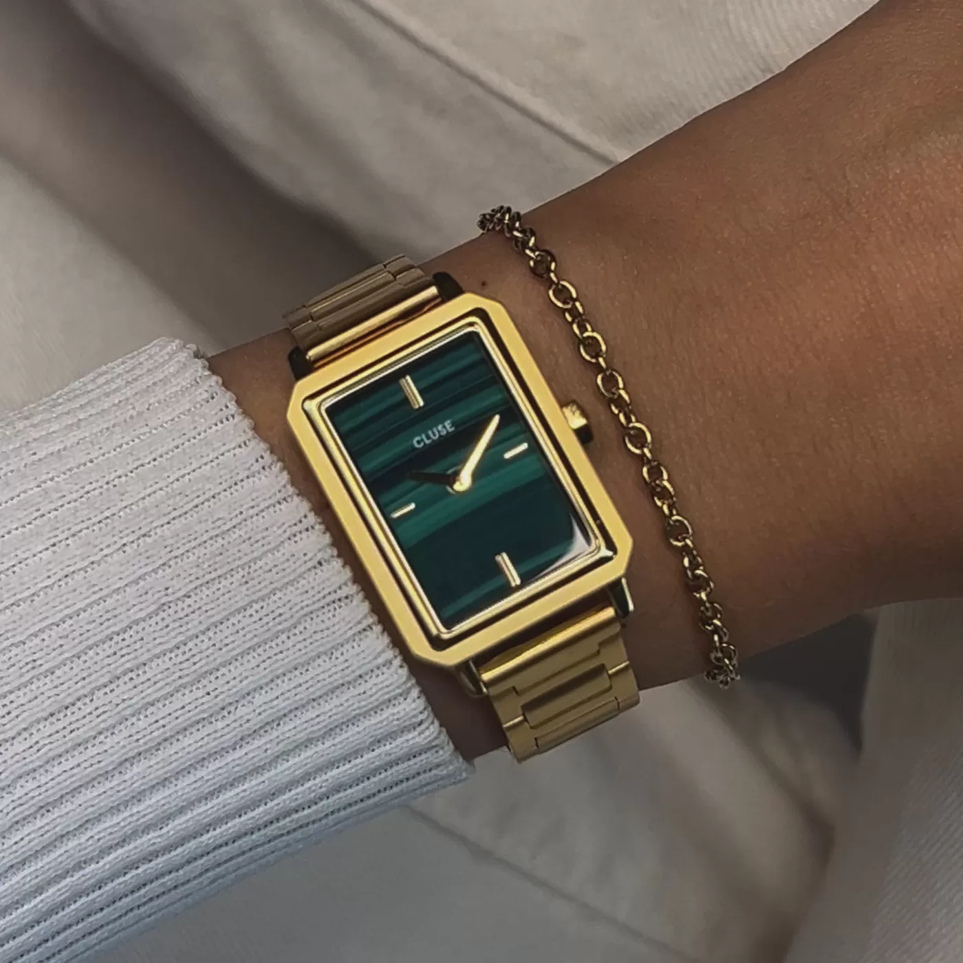 Gift Box Fluette Steel Green Watch and Round Chain Bracelet, Gold Colour>CLUSE Fashion