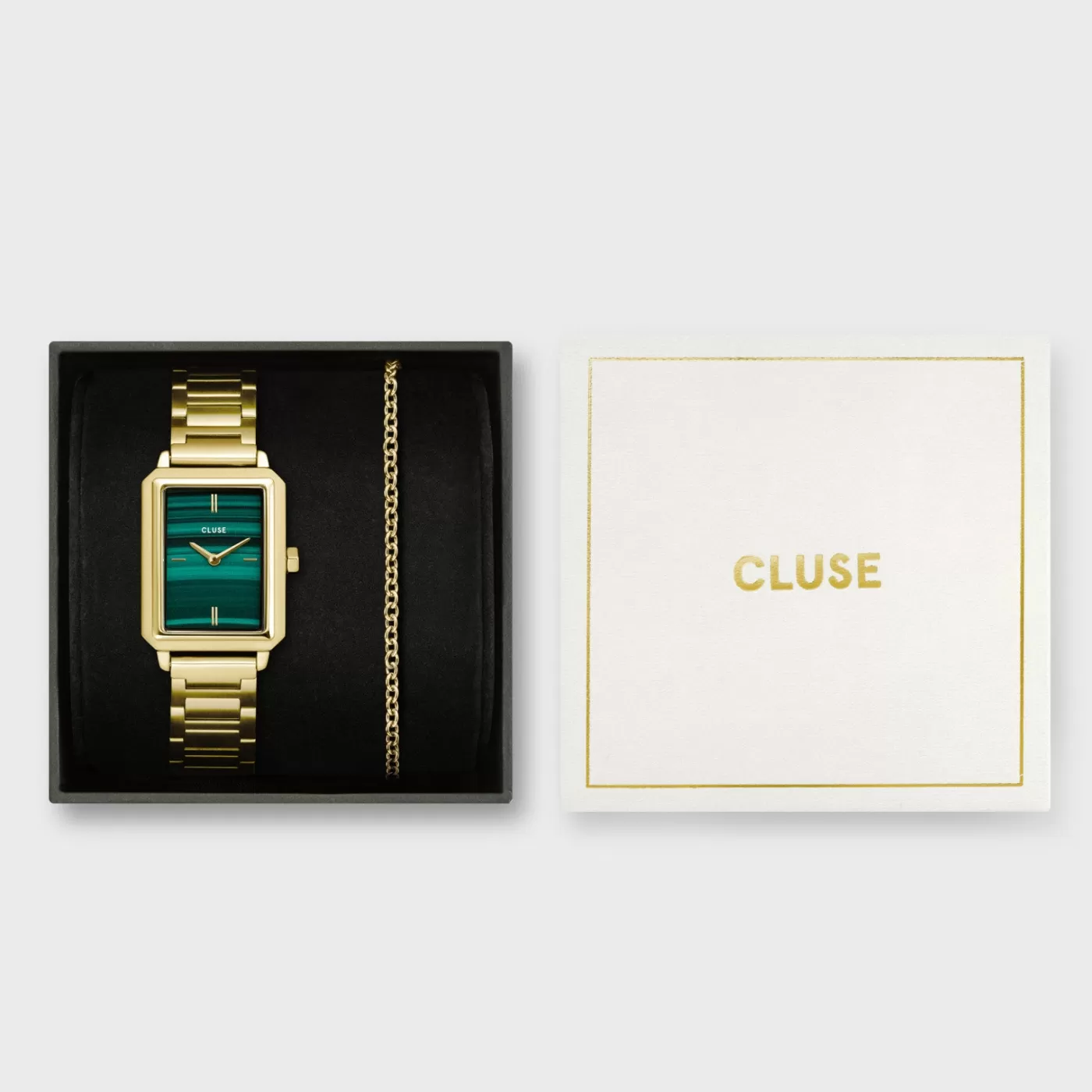 Gift Box Fluette Steel Green Watch and Round Chain Bracelet, Gold Colour>CLUSE Fashion