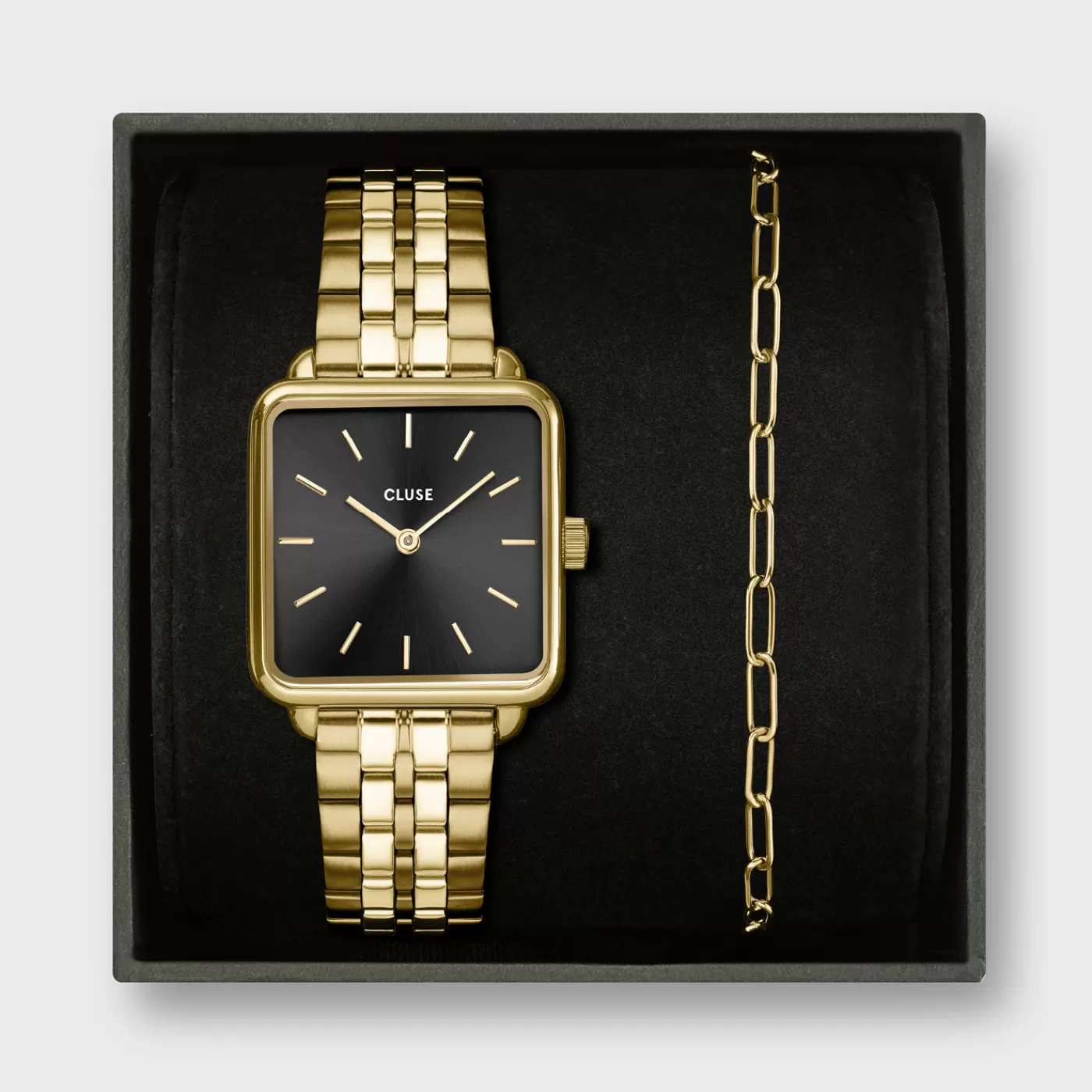 Gift Box La Tétragone Black Steel Watch & Paperclip Chain Bracelet, Gold Colour>CLUSE Best