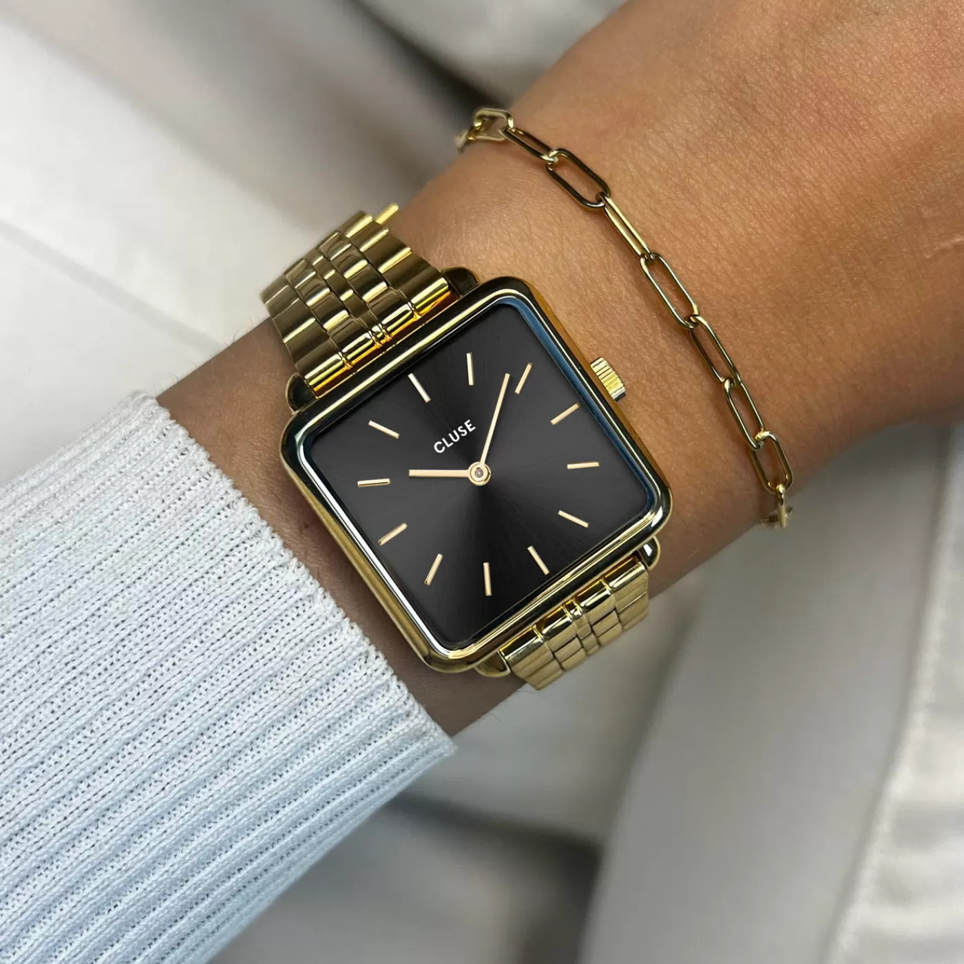 Gift Box La Tétragone Black Steel Watch & Paperclip Chain Bracelet, Gold Colour>CLUSE Best