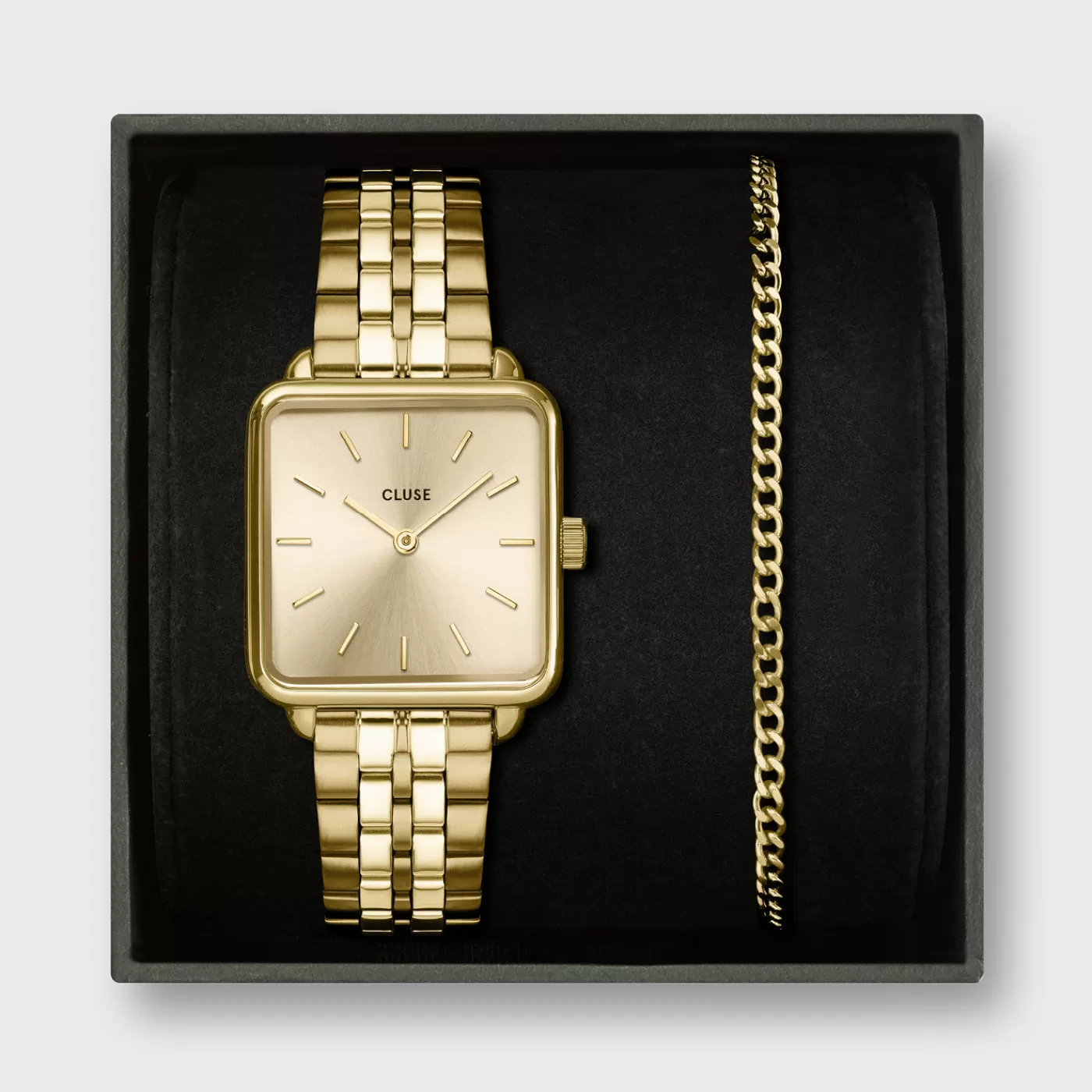 Gift Box La Tétragone Full Gold Steel Watch & Curb Chain Bracelet, Gold Colour>CLUSE Store