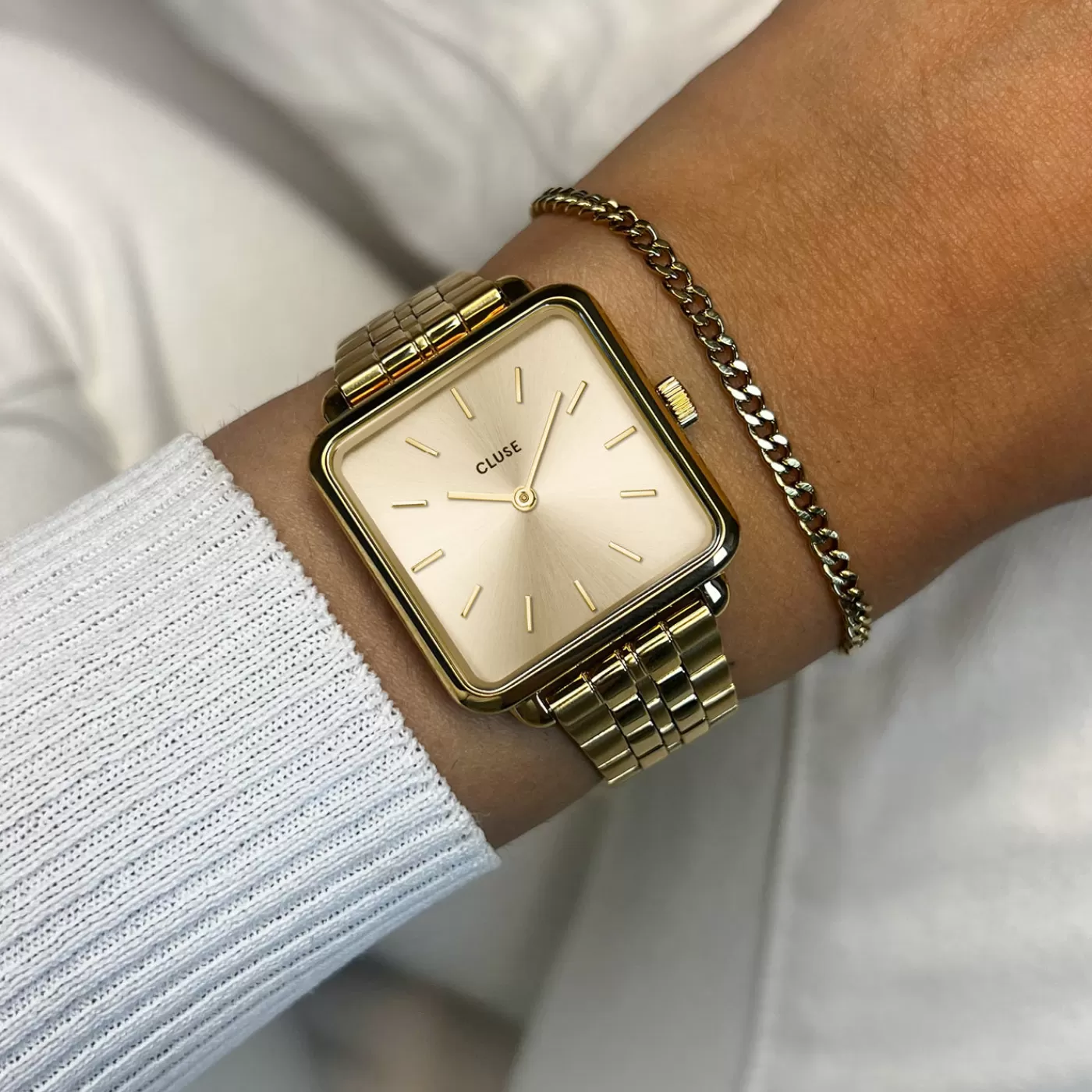 Gift Box La Tétragone Full Gold Steel Watch & Curb Chain Bracelet, Gold Colour>CLUSE Store