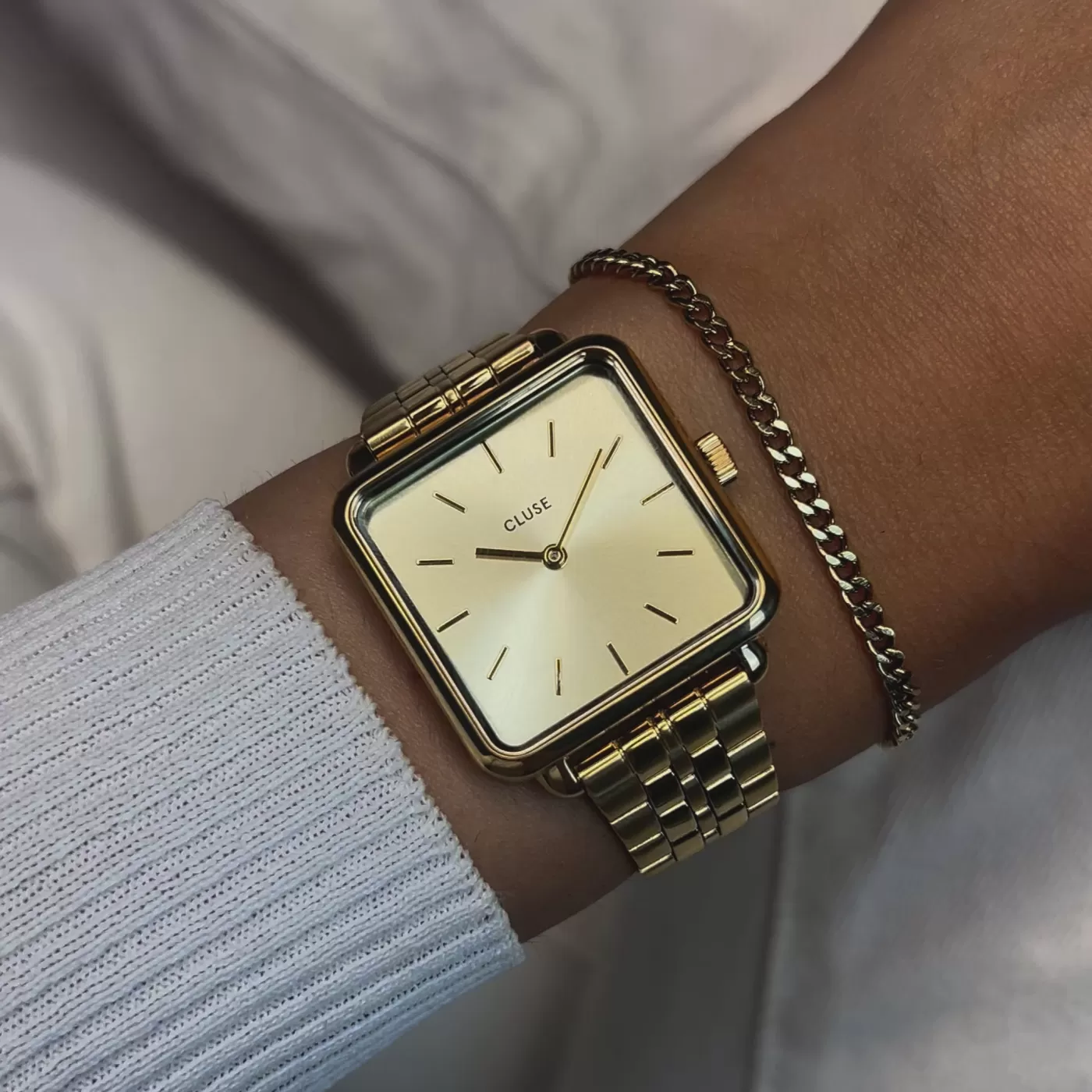 Gift Box La Tétragone Full Gold Steel Watch & Curb Chain Bracelet, Gold Colour>CLUSE Store