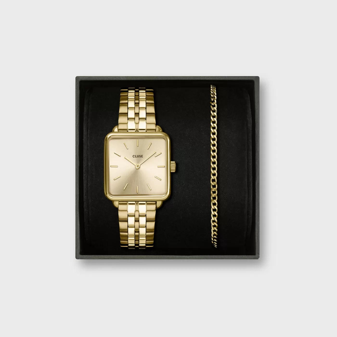 Gift Box La Tétragone Full Gold Steel Watch & Curb Chain Bracelet, Gold Colour>CLUSE Store