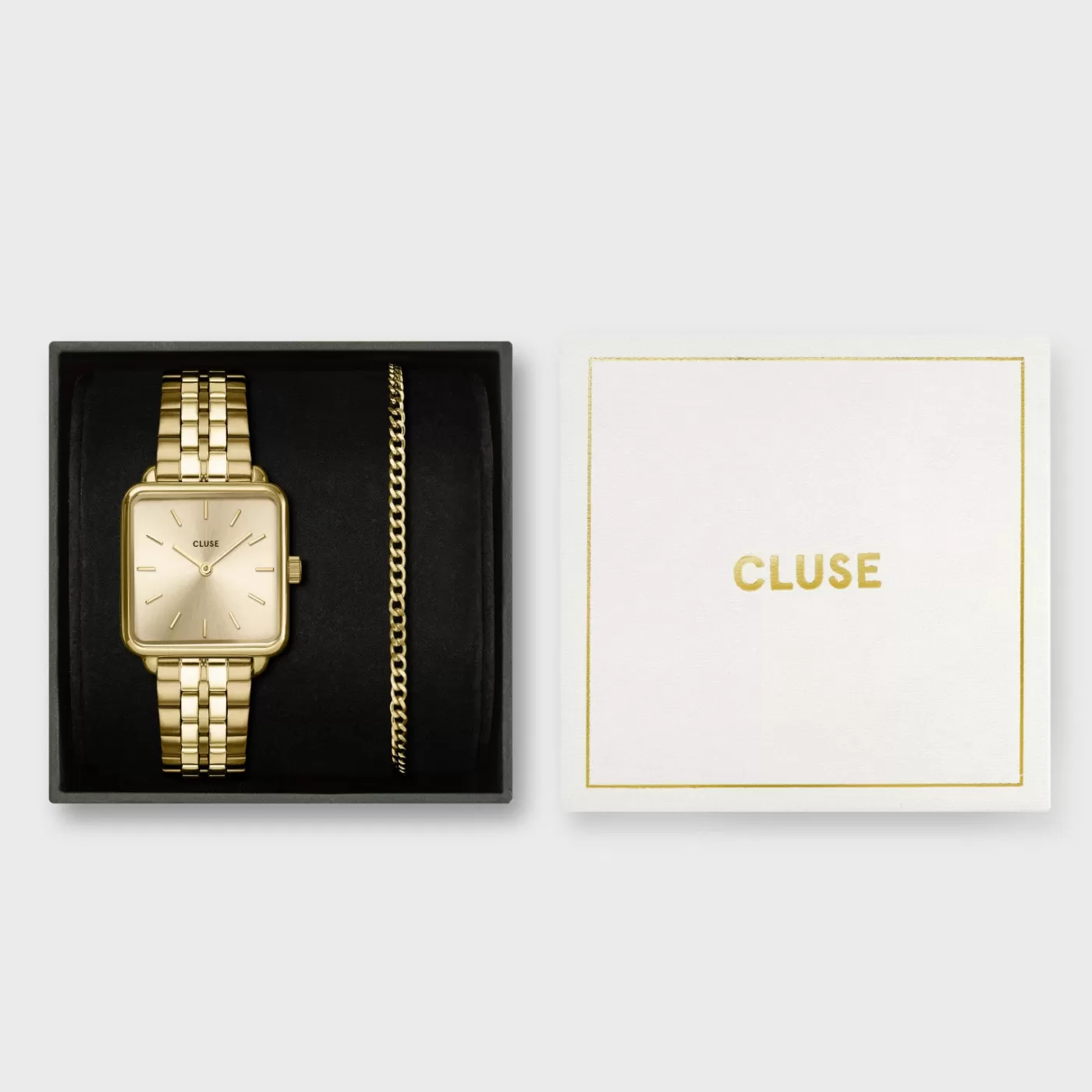 Gift Box La Tétragone Full Gold Steel Watch & Curb Chain Bracelet, Gold Colour>CLUSE Store
