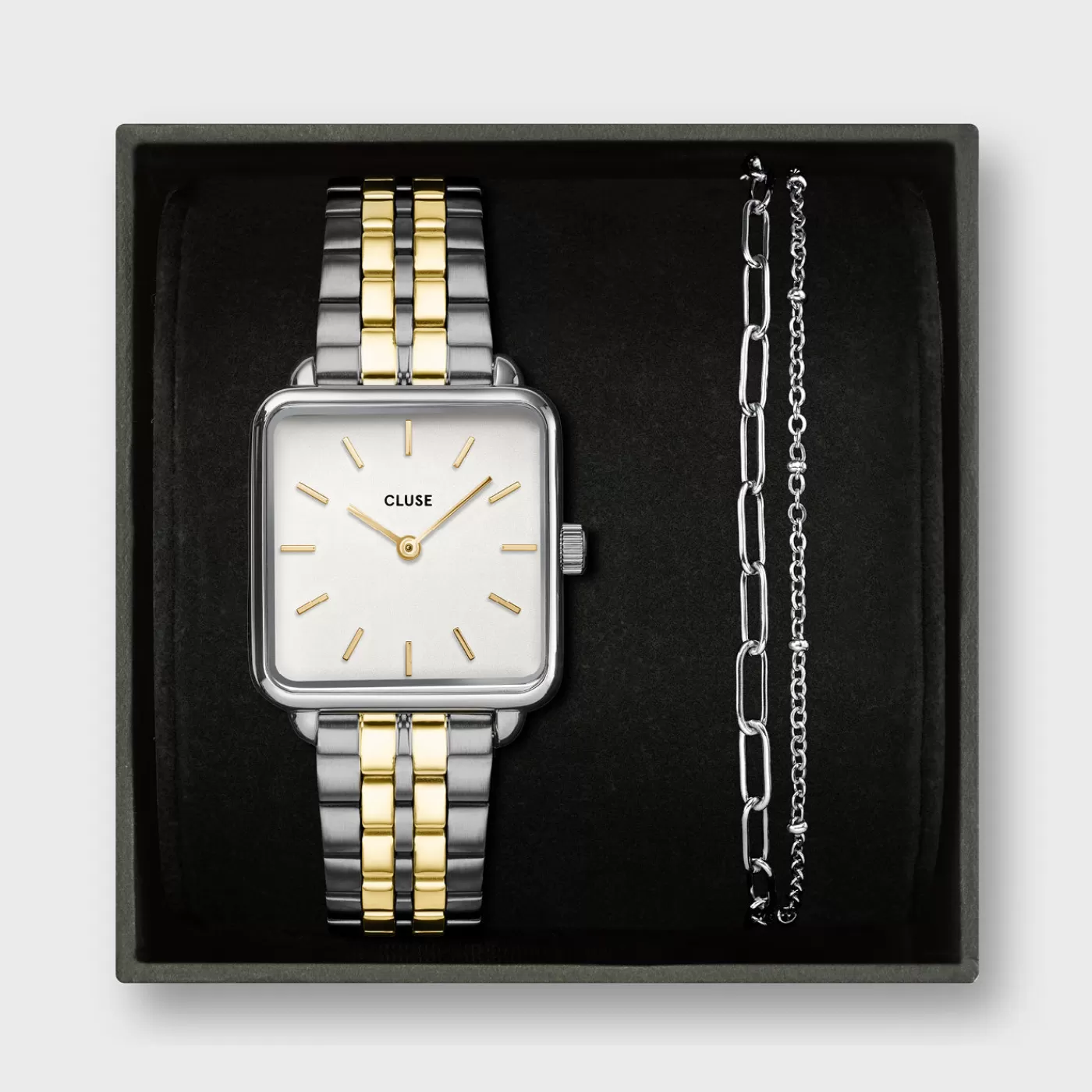 Gift Box La Tétragone Steel Watch, Bicolour & Double Chain Bracelet, Silver Colour>CLUSE Shop
