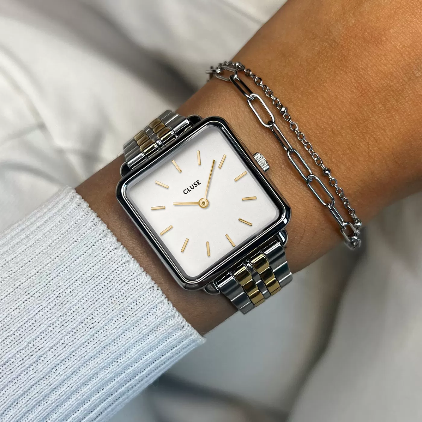 Gift Box La Tétragone Steel Watch, Bicolour & Double Chain Bracelet, Silver Colour>CLUSE Shop