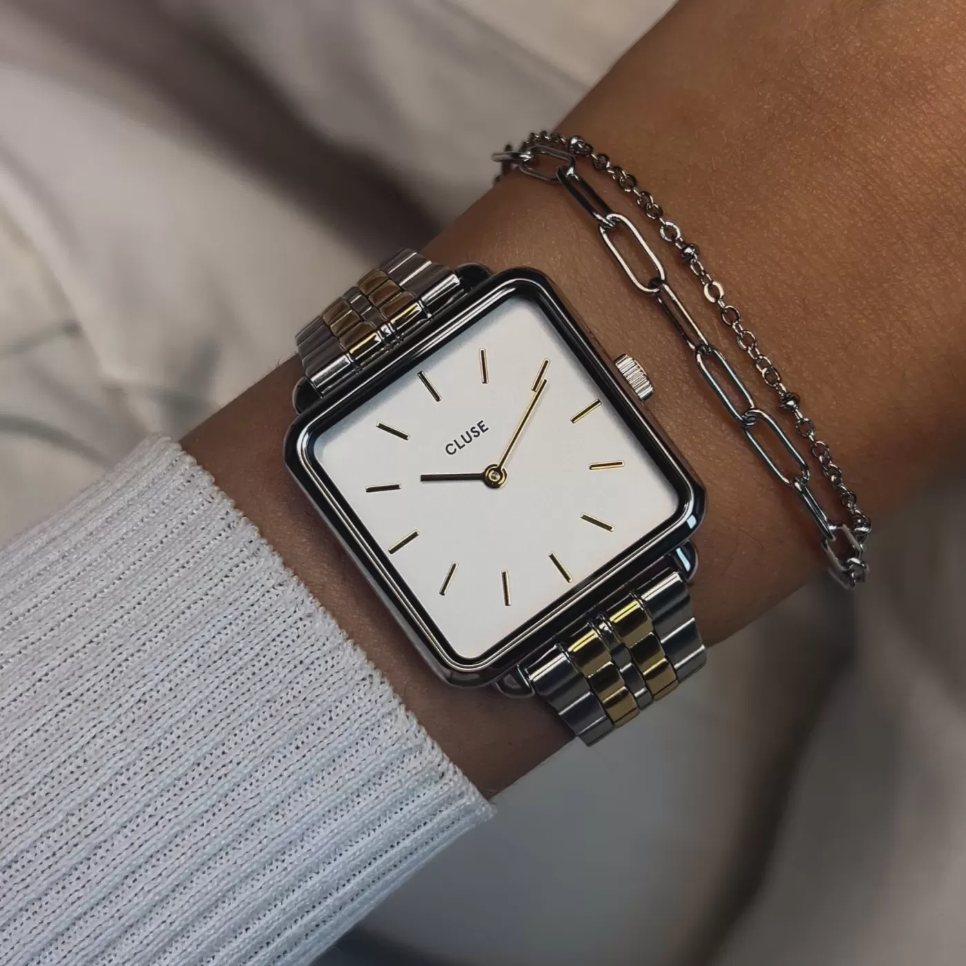 Gift Box La Tétragone Steel Watch, Bicolour & Double Chain Bracelet, Silver Colour>CLUSE Shop