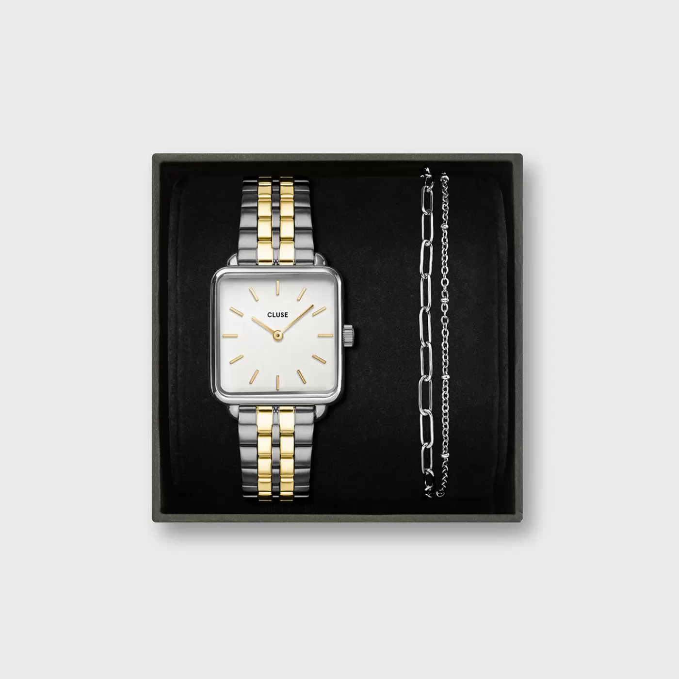 Gift Box La Tétragone Steel Watch, Bicolour & Double Chain Bracelet, Silver Colour>CLUSE Shop