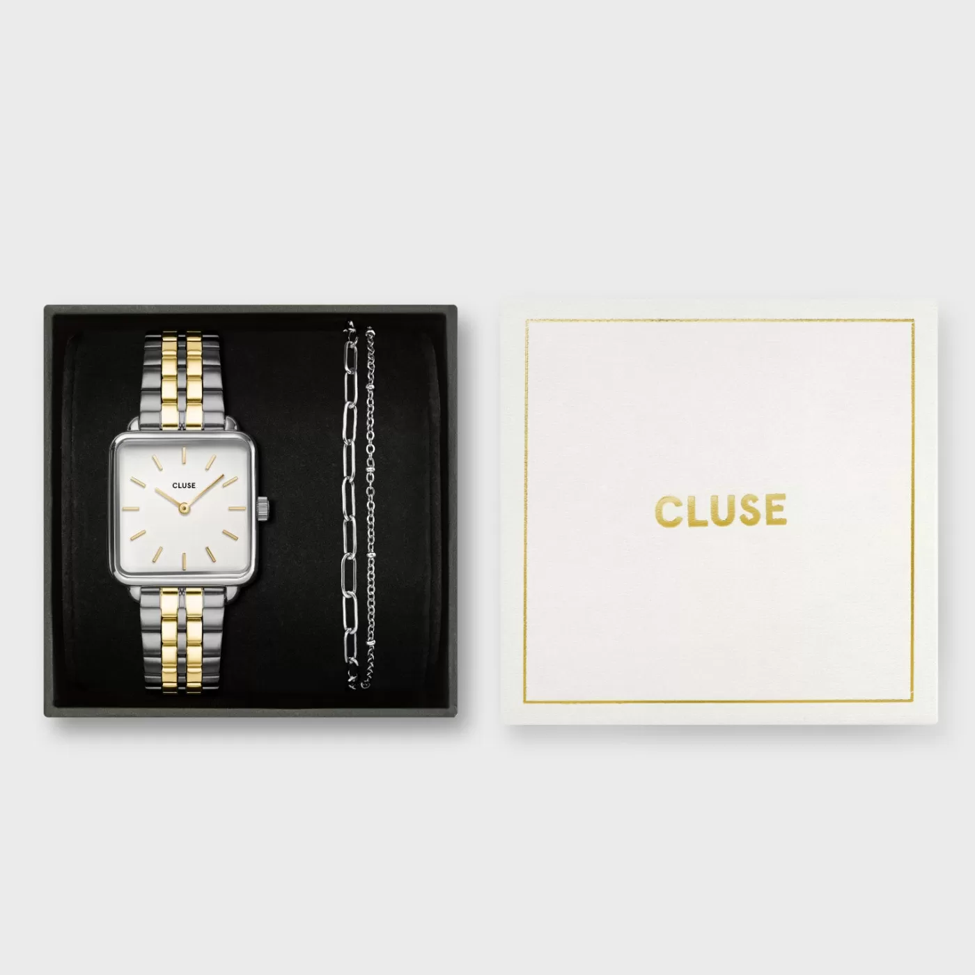 Gift Box La Tétragone Steel Watch, Bicolour & Double Chain Bracelet, Silver Colour>CLUSE Shop