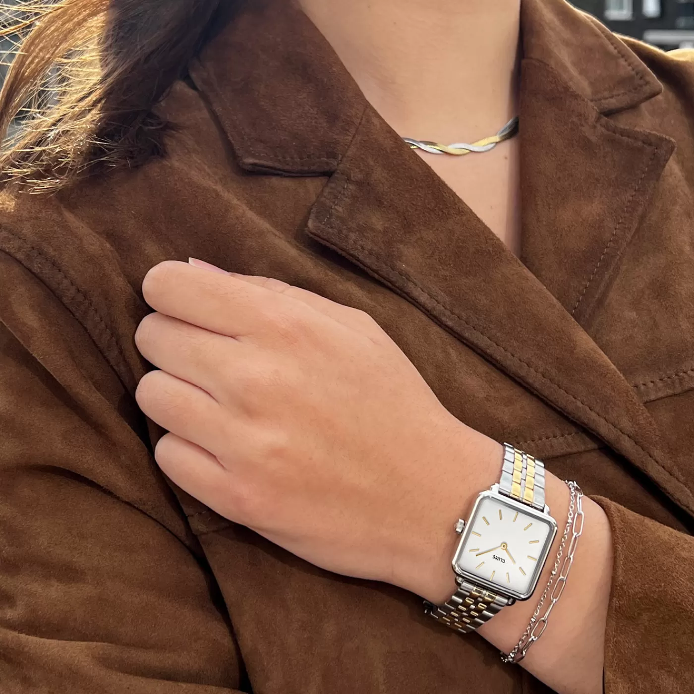 Gift Box La Tétragone Steel Watch, Bicolour & Double Chain Bracelet, Silver Colour>CLUSE Shop