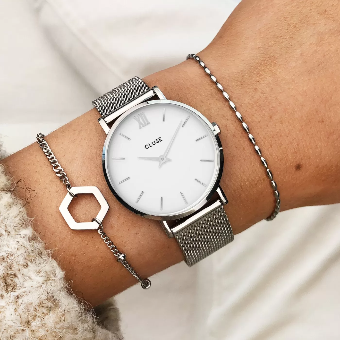 Gift Box Minuit Mesh & Leather Strap Silver Colour>CLUSE Clearance