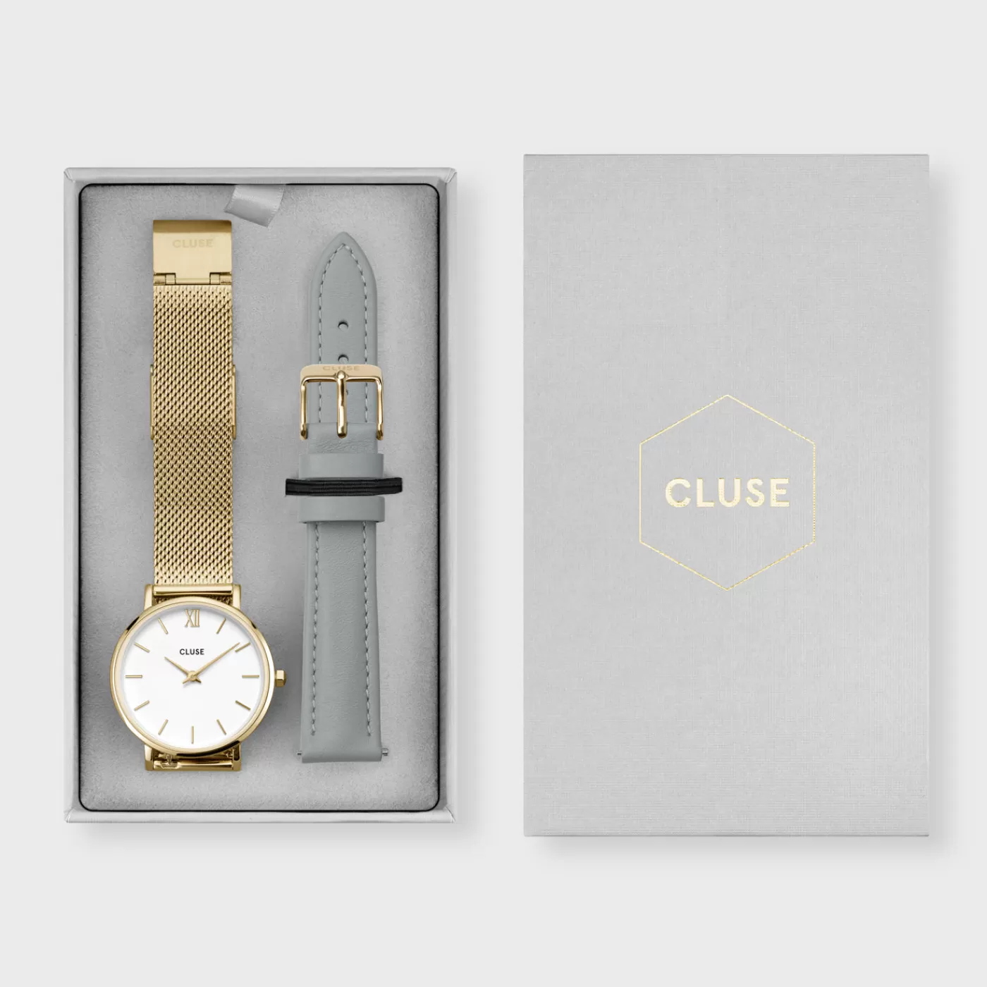 Gift Box Minuit Watch Mesh & Grey Leather Strap, Gold Colour>CLUSE Best