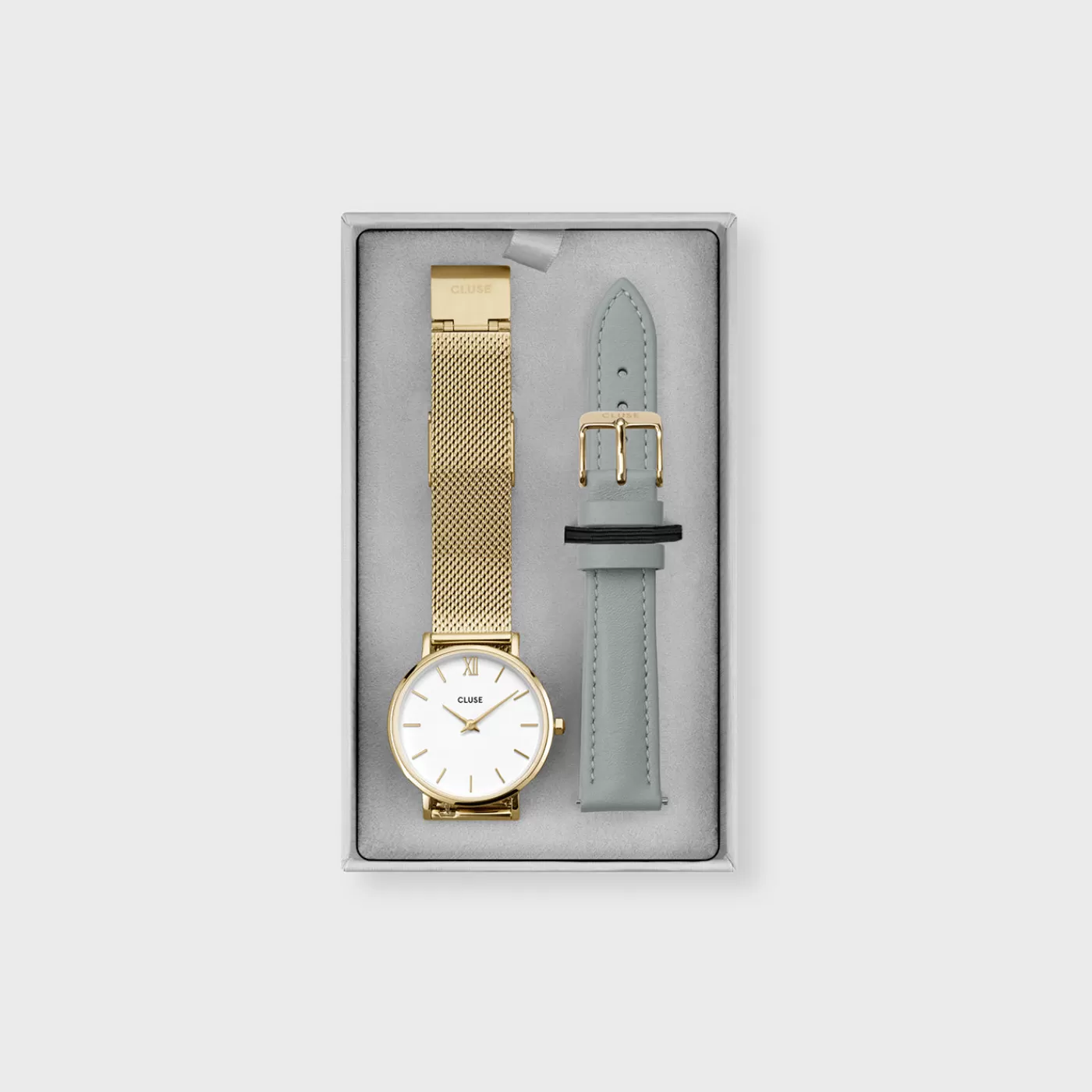 Gift Box Minuit Watch Mesh & Grey Leather Strap, Gold Colour>CLUSE Best