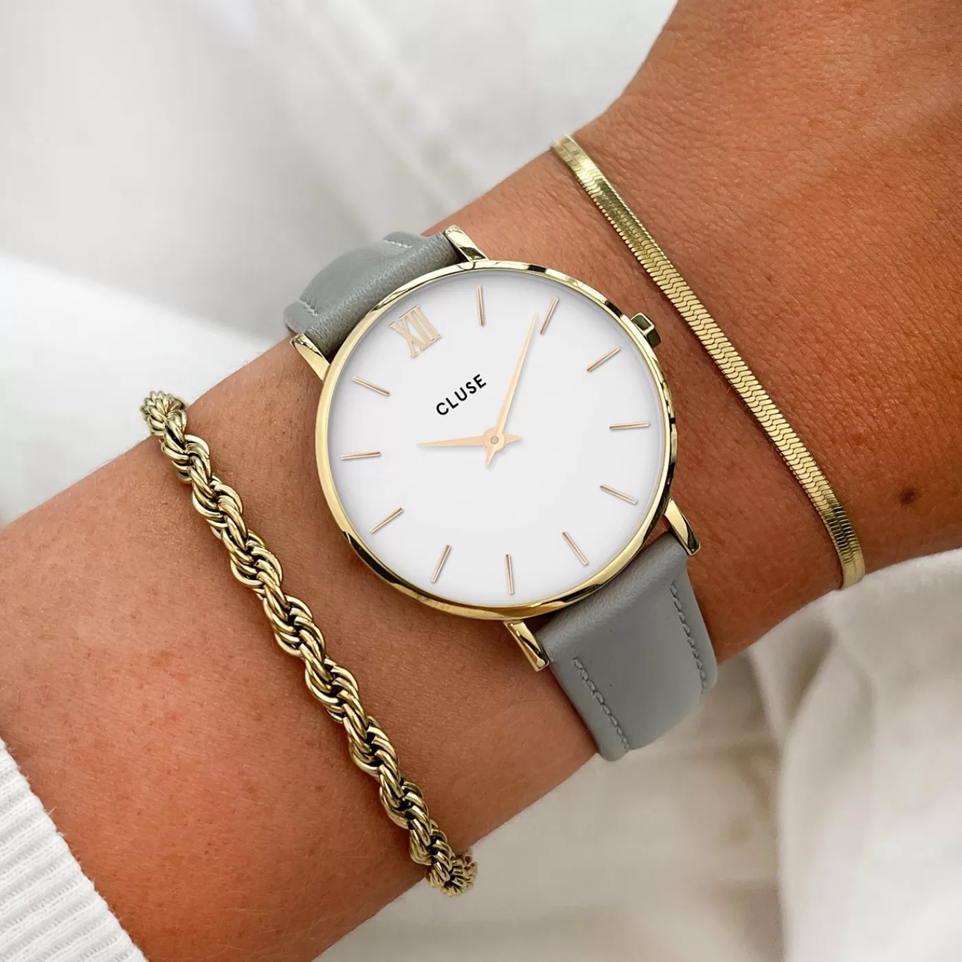 Gift Box Minuit Watch Mesh & Grey Leather Strap, Gold Colour>CLUSE Best