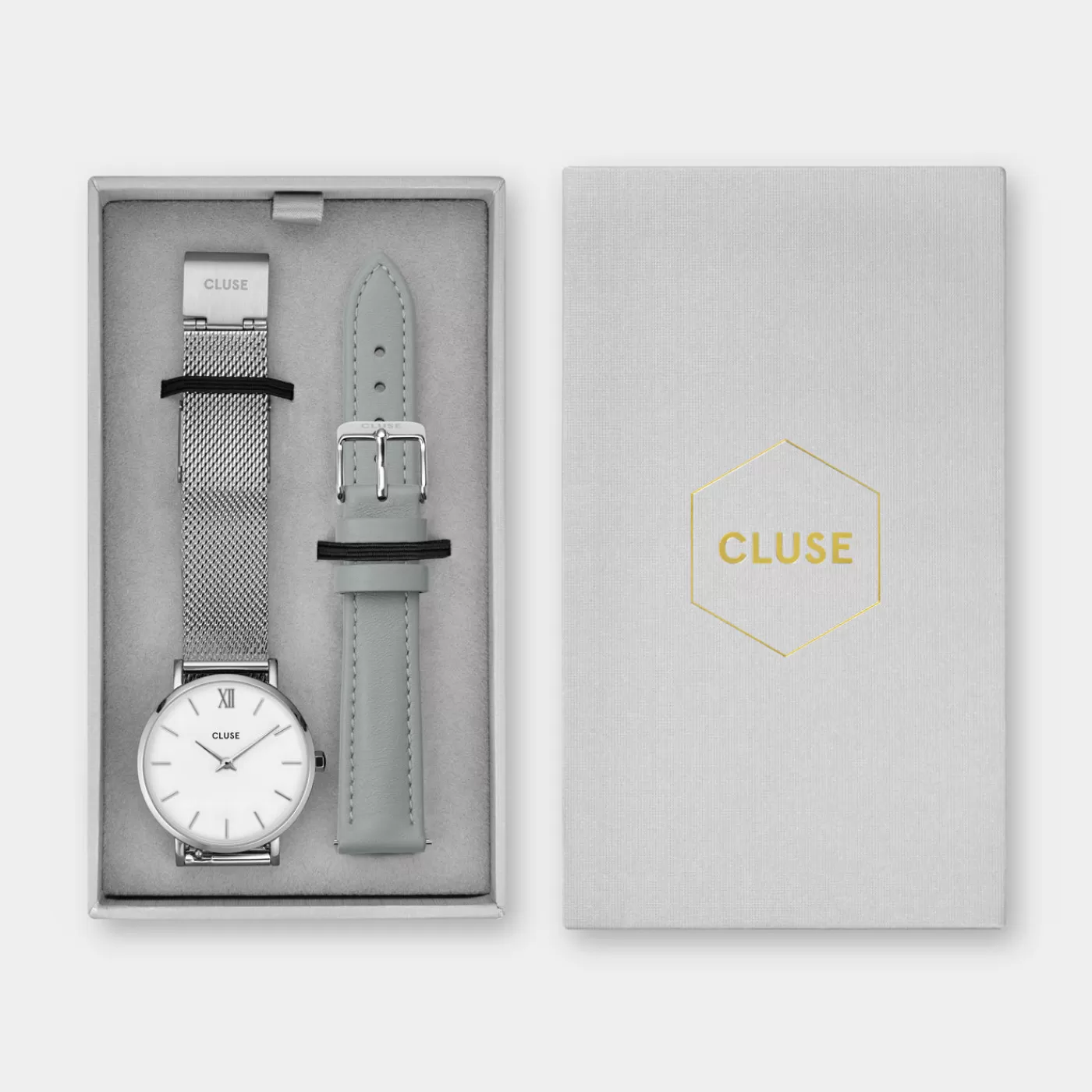 Gift Box Minuit Watch Mesh & Grey Leather Strap, Silver Colour>CLUSE Sale