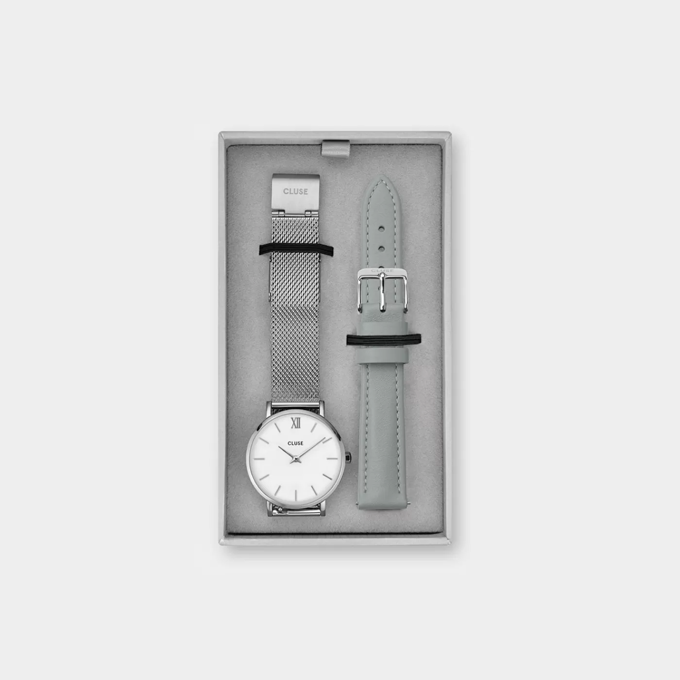 Gift Box Minuit Watch Mesh & Grey Leather Strap, Silver Colour>CLUSE Sale