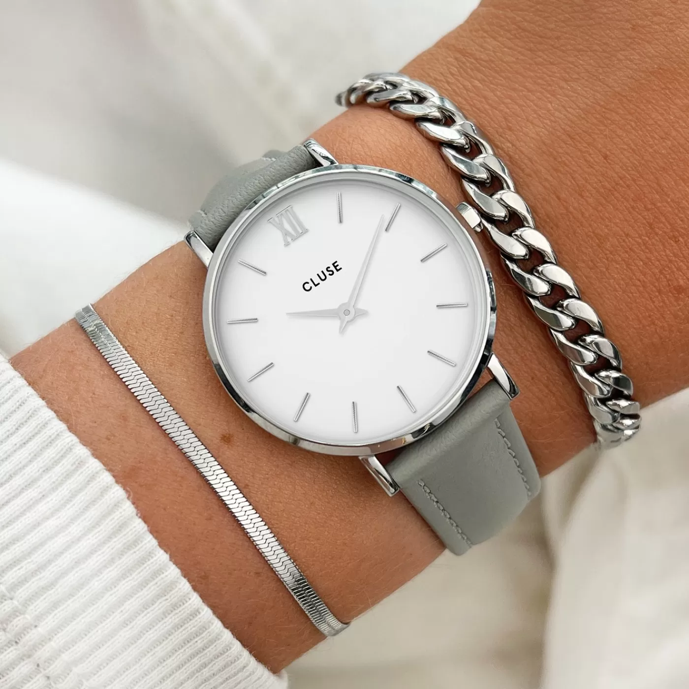 Gift Box Minuit Watch Mesh & Grey Leather Strap, Silver Colour>CLUSE Sale