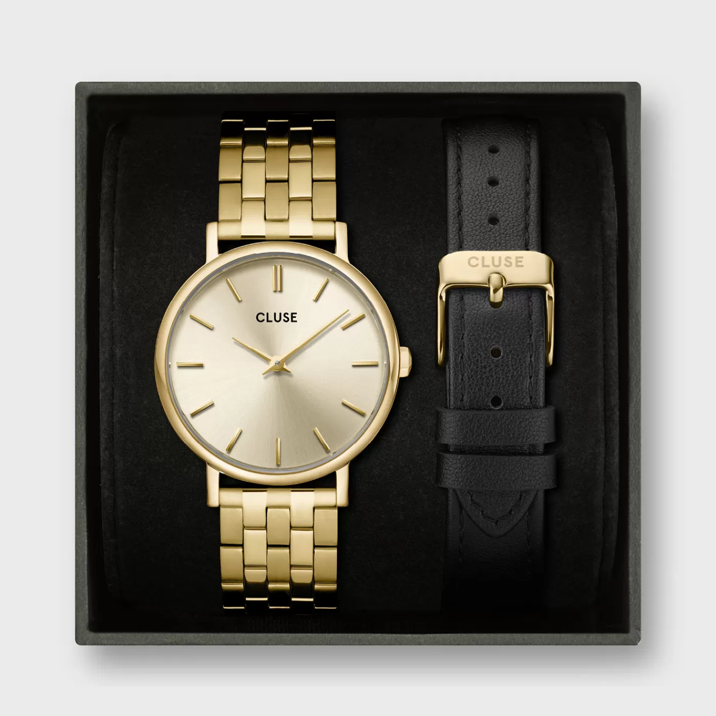 Gift Box Pavane Petite 2.0 Steel Watch Gold & Black Leather Strap, Gold Colour>CLUSE Clearance