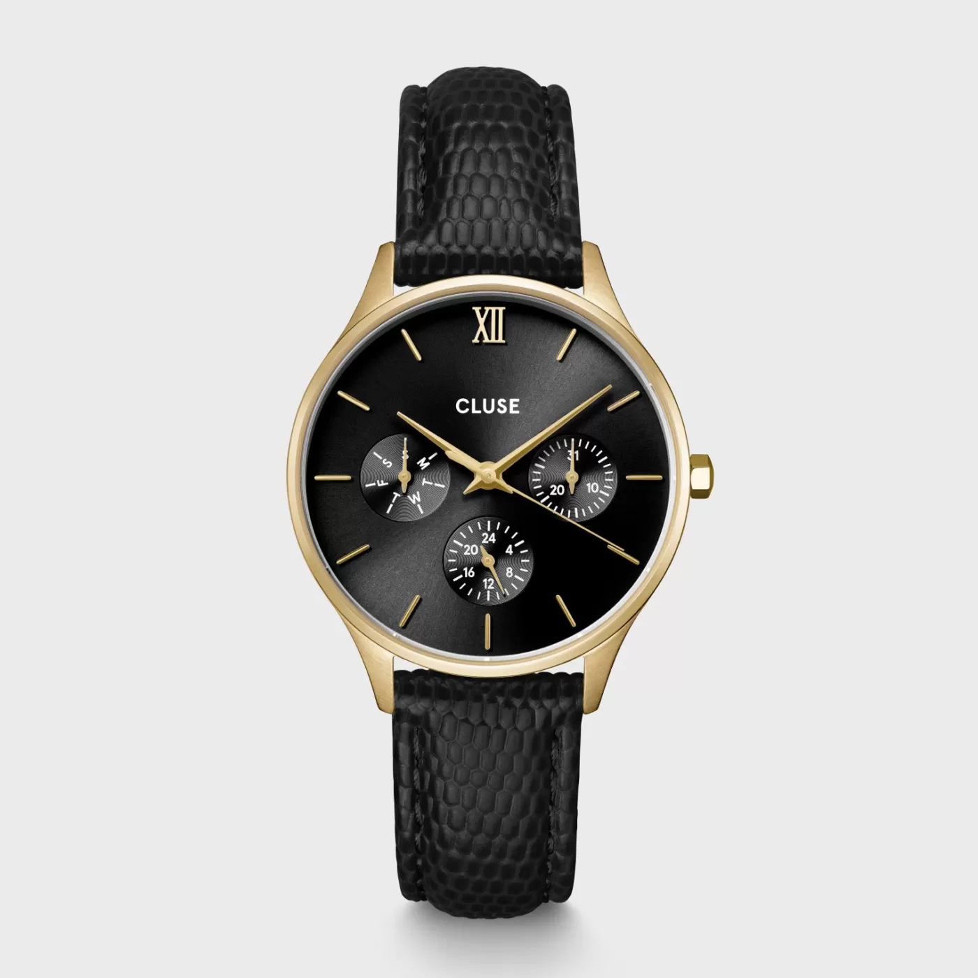 Minuit Multifunction Black Watch Leather, Black Lizard, Gold Colour>CLUSE Online