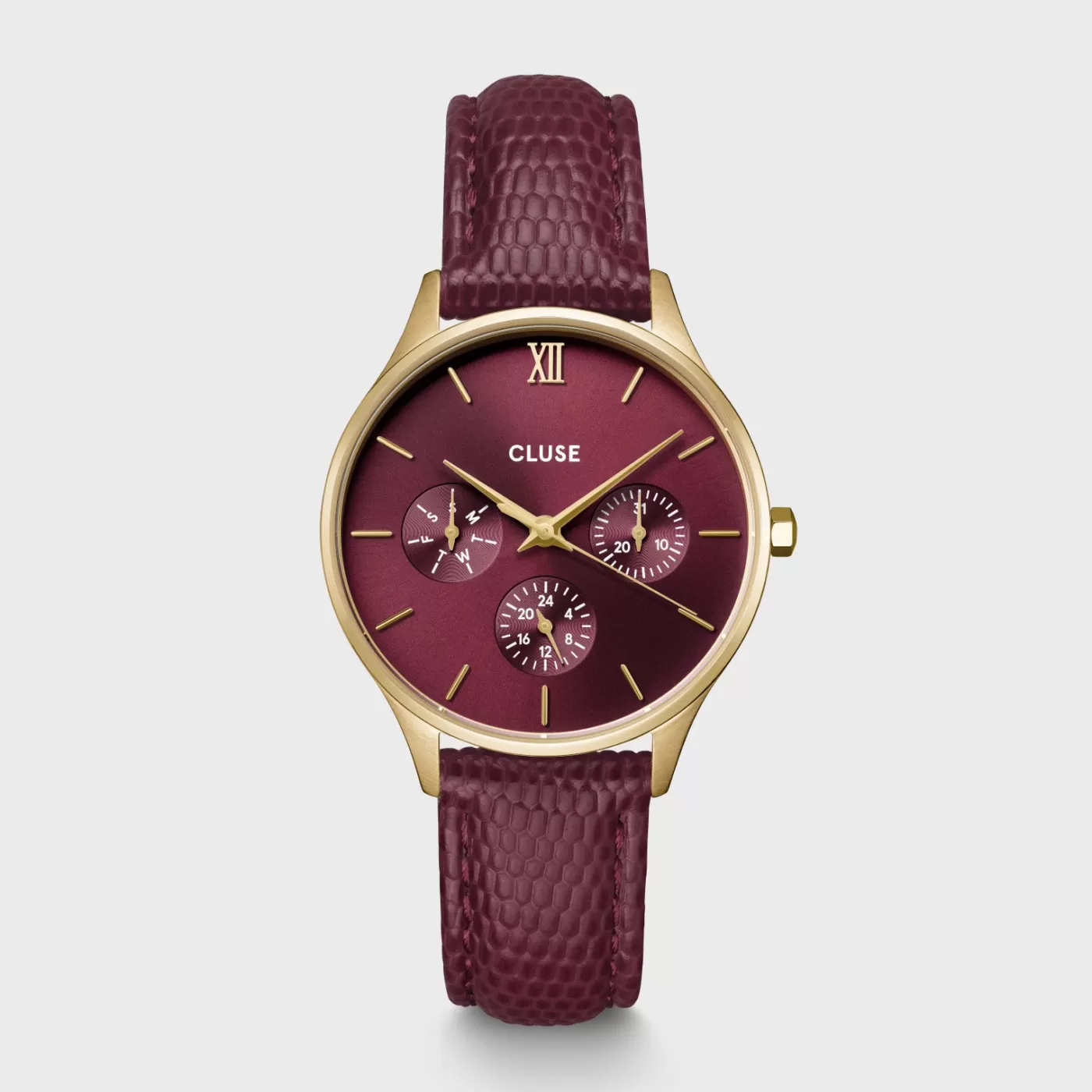 Minuit Multifunction Watch Leather, Dark Cherry Lizard, Gold Colour>CLUSE Outlet