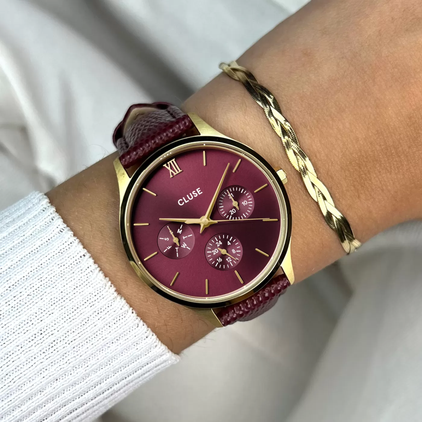 Minuit Multifunction Watch Leather, Dark Cherry Lizard, Gold Colour>CLUSE Outlet