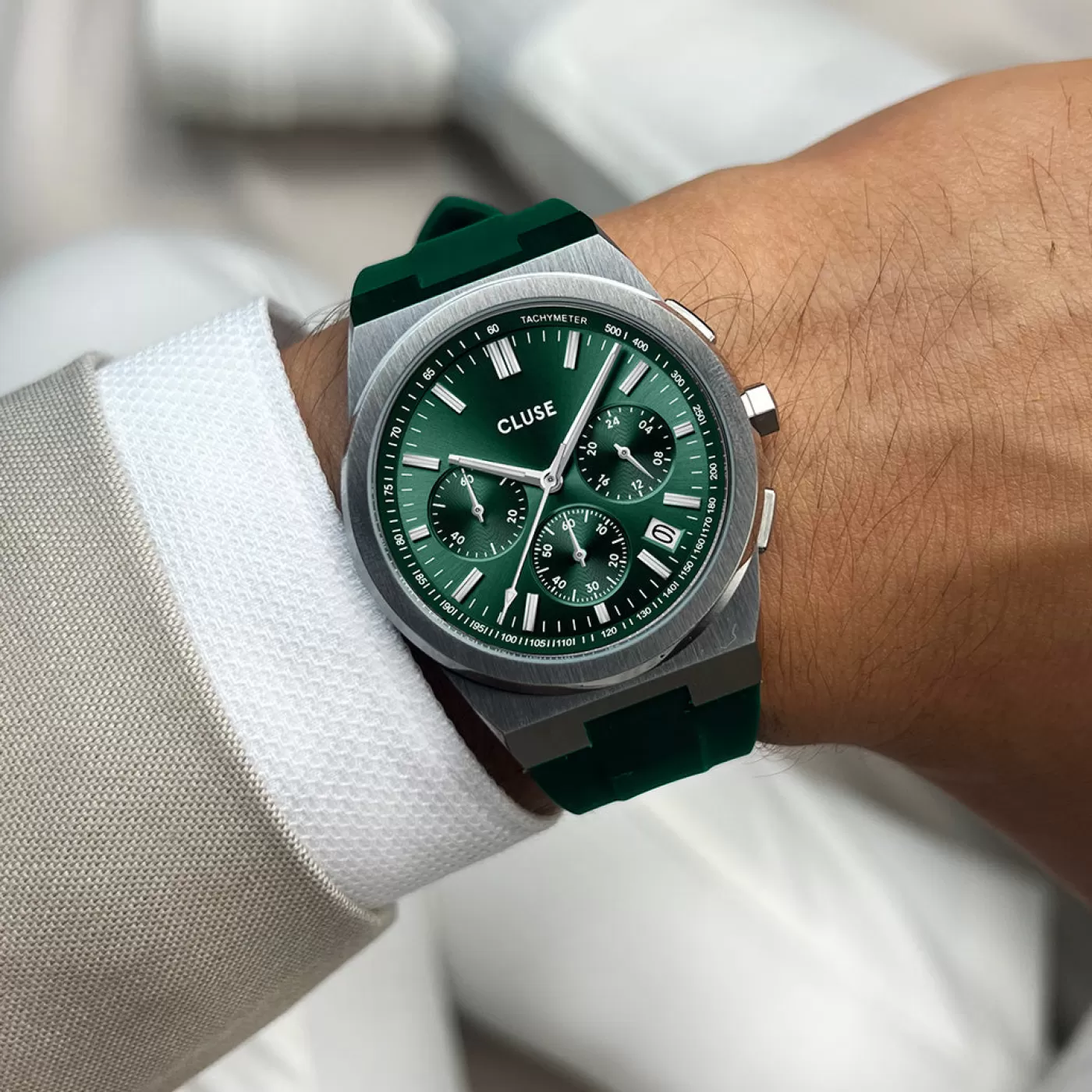 Vigoureux Chrono Watch Silicone Green, Silver Colour>CLUSE Best